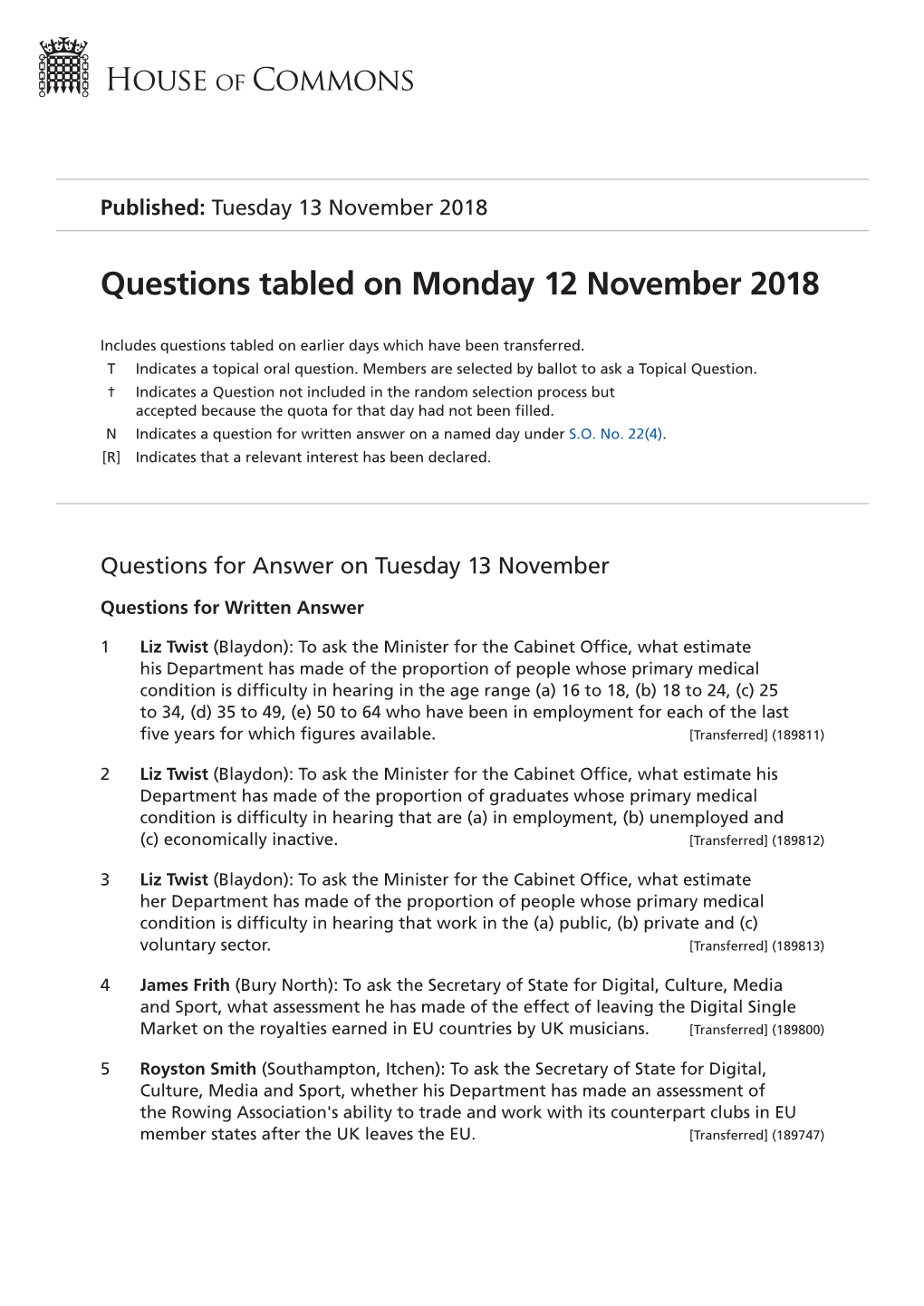 Questions Tabled on Mon 12 Nov 2018