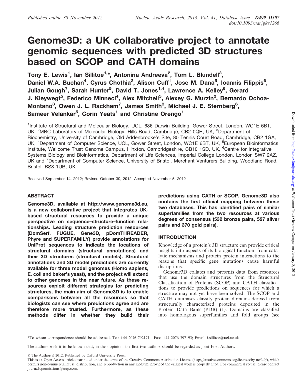 A UK Collaborative Project to Annotate Genomic Sequences with Predicted 3D Structures Based on SCOP and CATH Domains Tony E