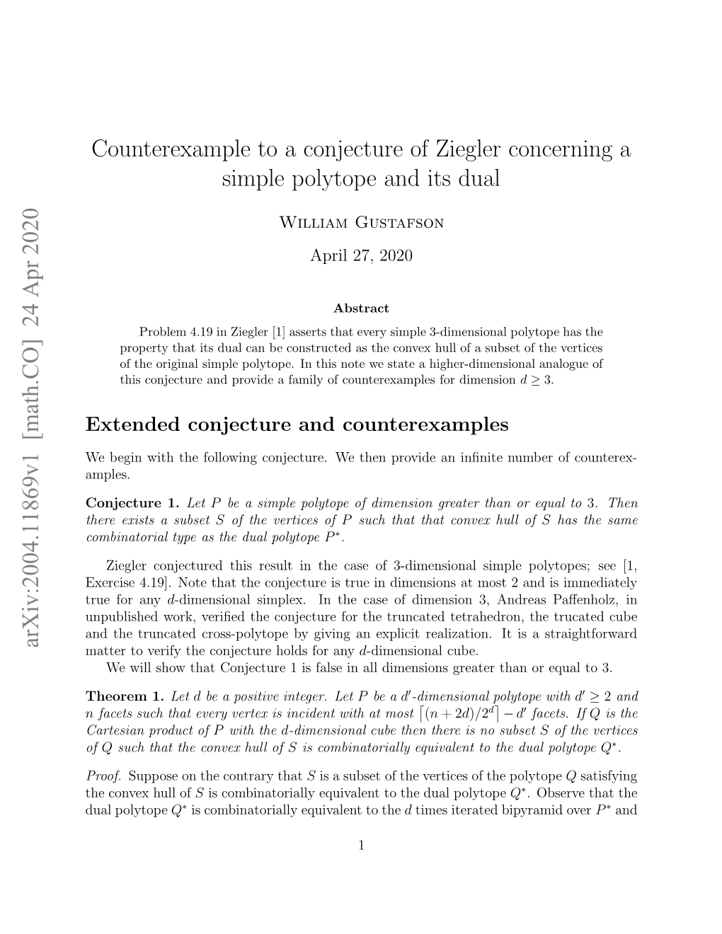 Counterexample to a Conjecture of Ziegler Concerning a Simple