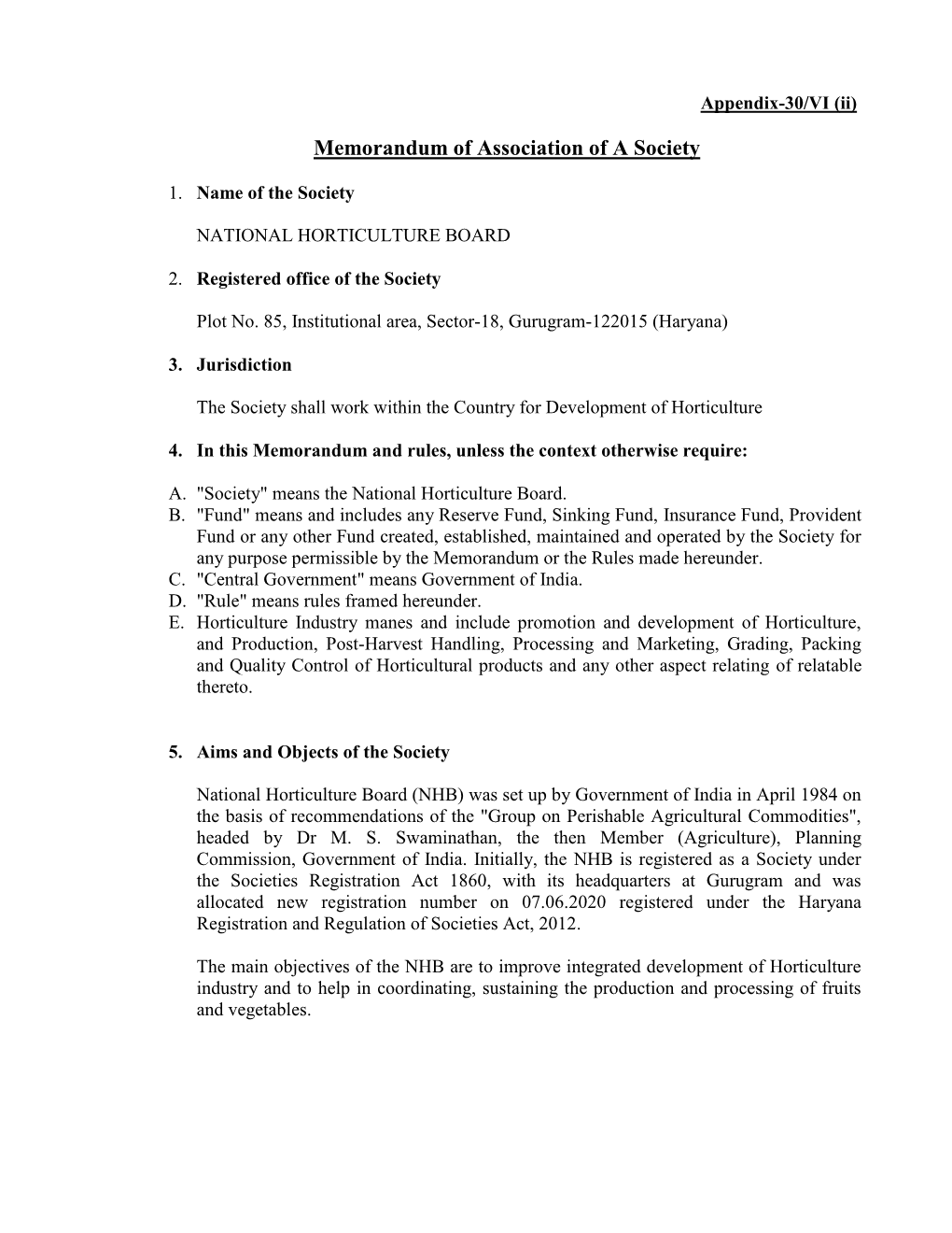 NHB Memorandum of Association