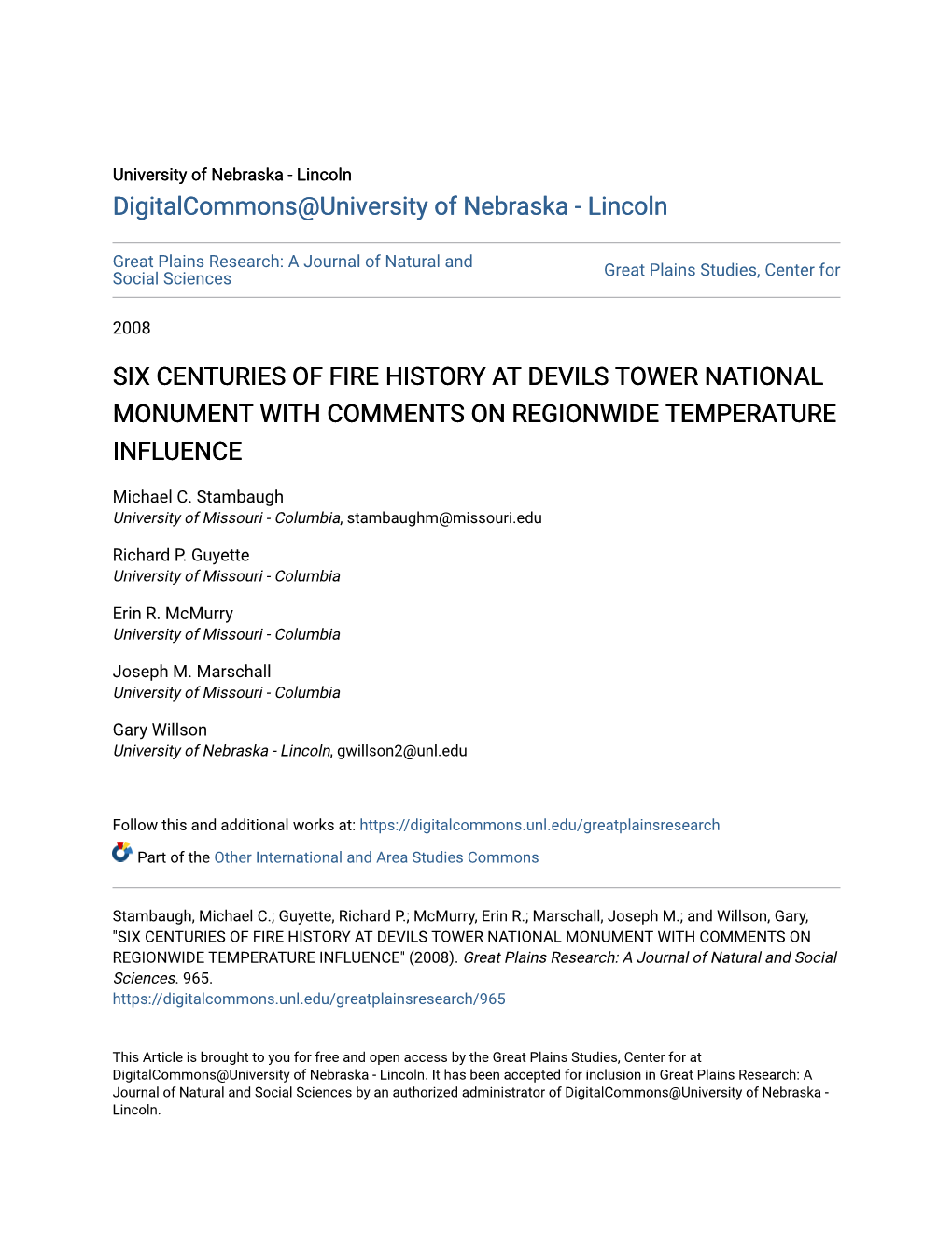 Six Centuries of Fire History at Devils Tower National Monument with Comments on Regionwide Temperature Influence