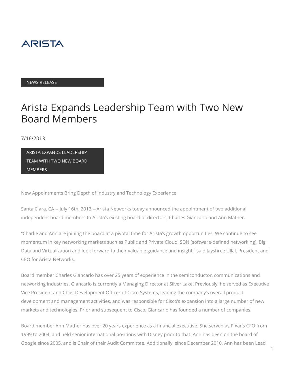 Arista Expands Leadership Team with Two New Board Members
