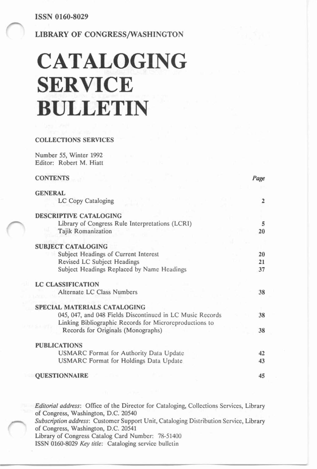 Cataloging Service Bulletin 055, Winter 1992