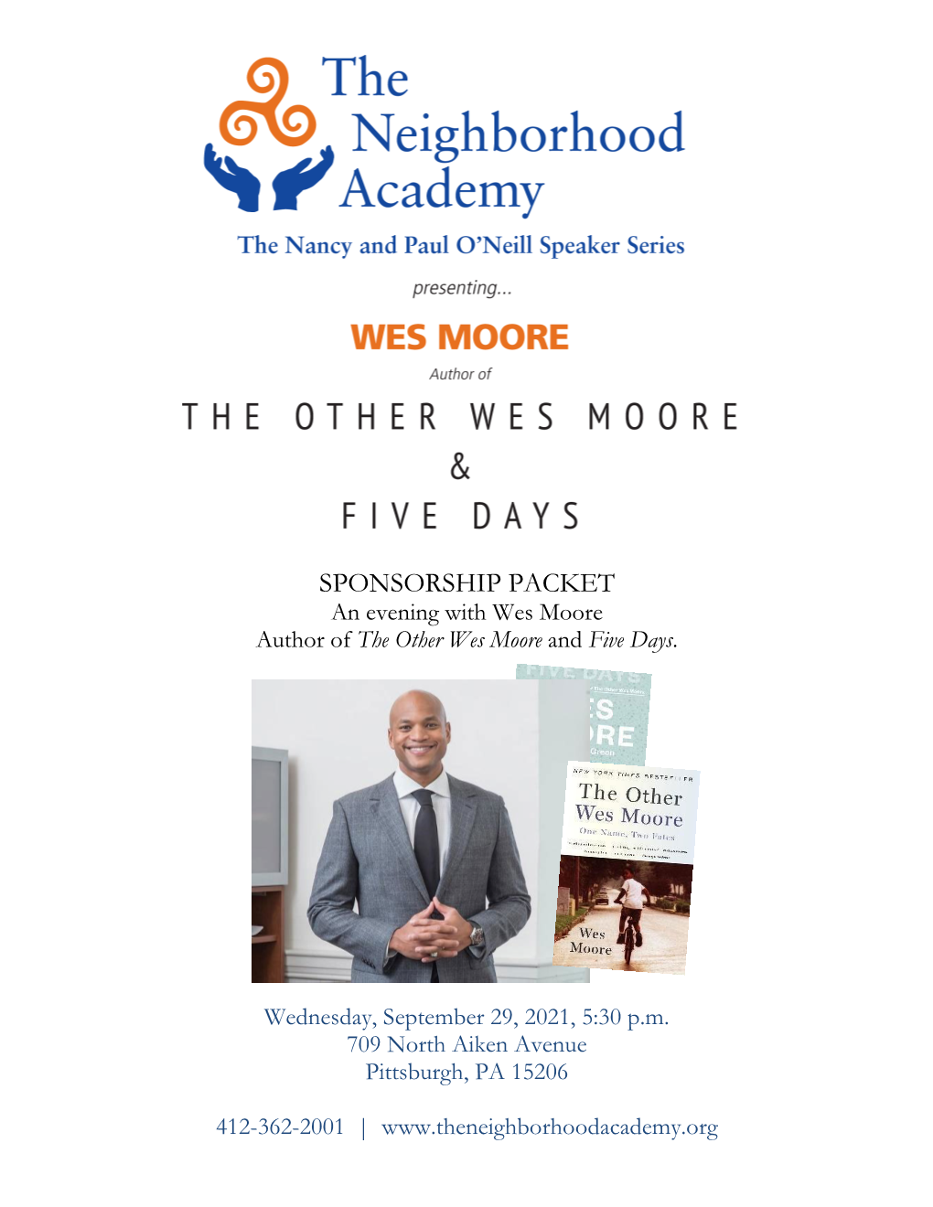 SPONSORSHIP PACKET an Evening with Wes Moore Author of the Other Wes Moore and Five Days