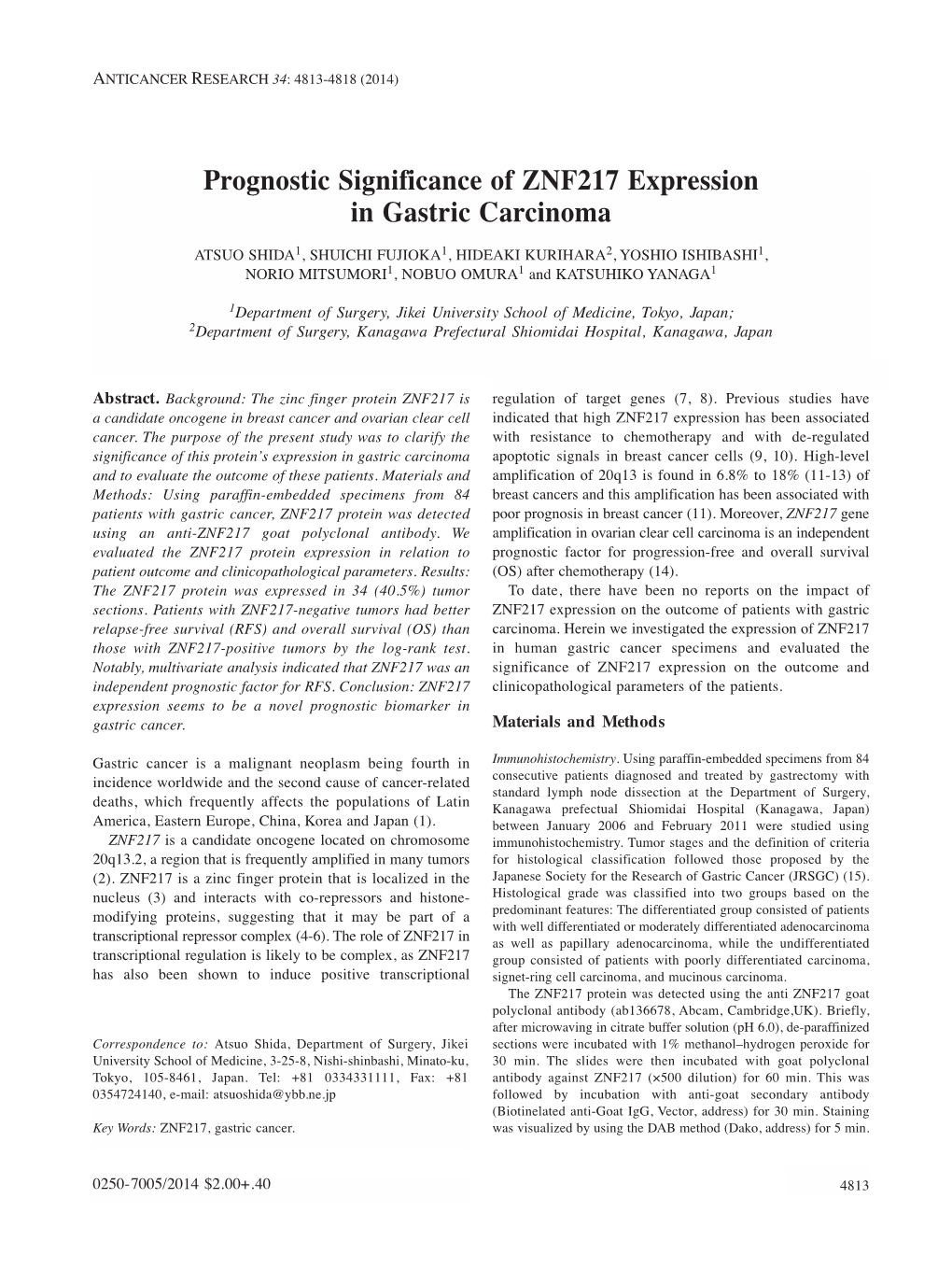 Prognostic Significance of ZNF217 Expression in Gastric Carcinoma