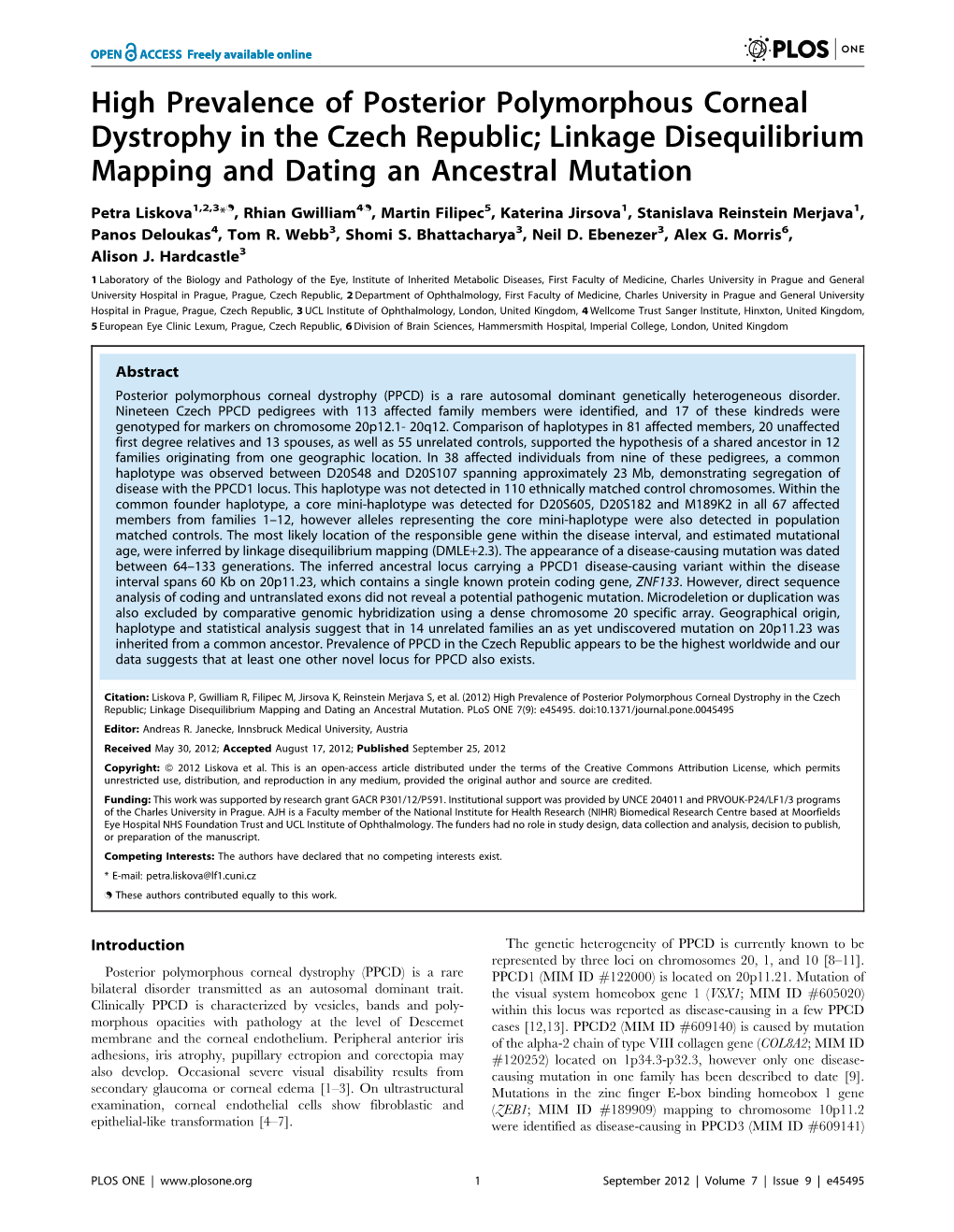 High Prevalence of Posterior Polymorphous Corneal Dystrophy in the Czech Republic; Linkage Disequilibrium Mapping and Dating an Ancestral Mutation