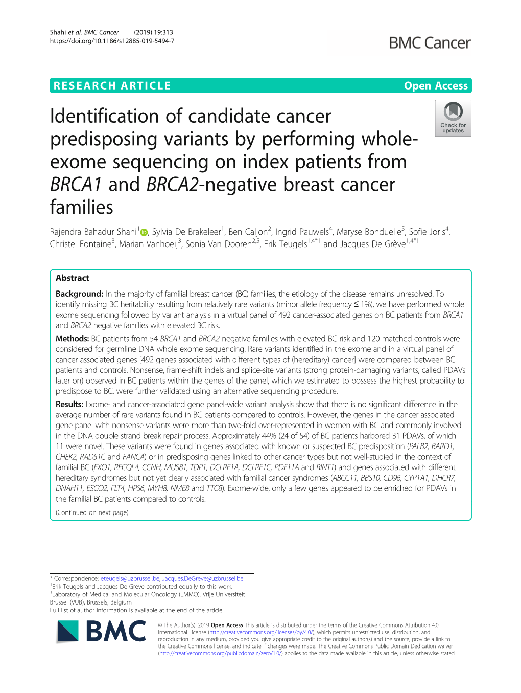 Exome Sequencing on Index Patients from BRCA1 and BRCA2-Negative