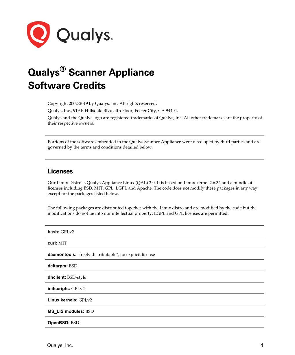 Qualys Scanner Appliance Software Credits