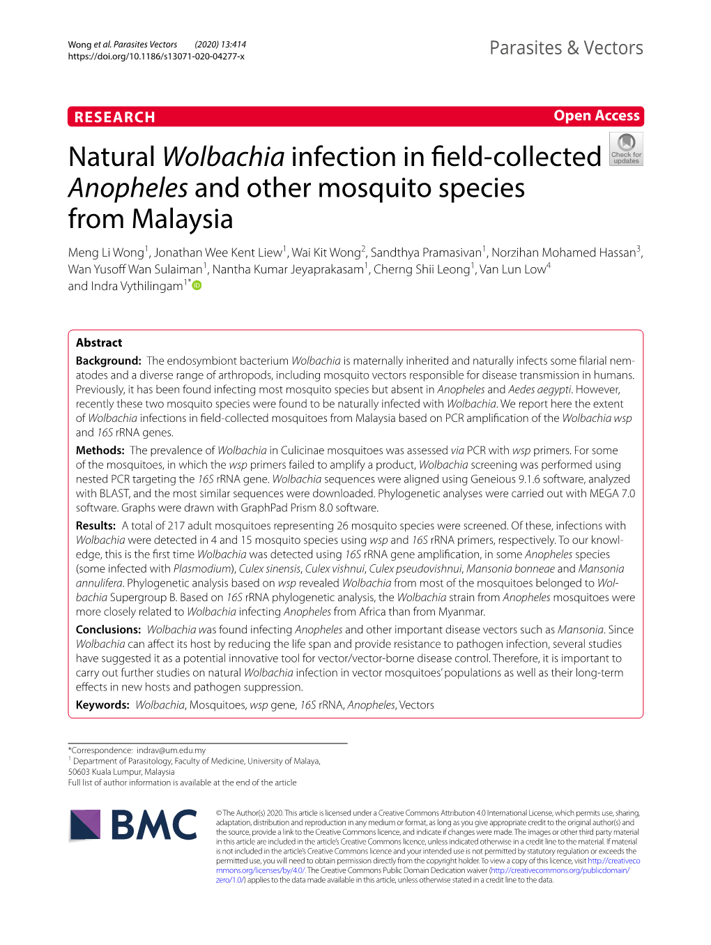 Natural Wolbachia Infection in Field-Collected Anopheles and Other