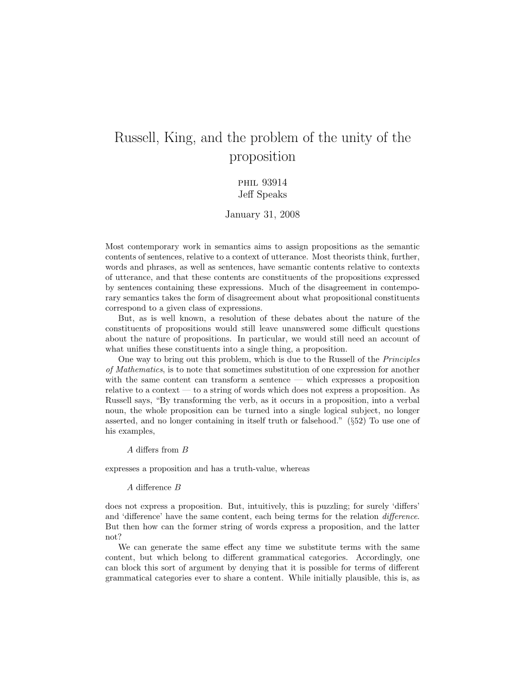 Russell, King, and the Problem of the Unity of the Proposition