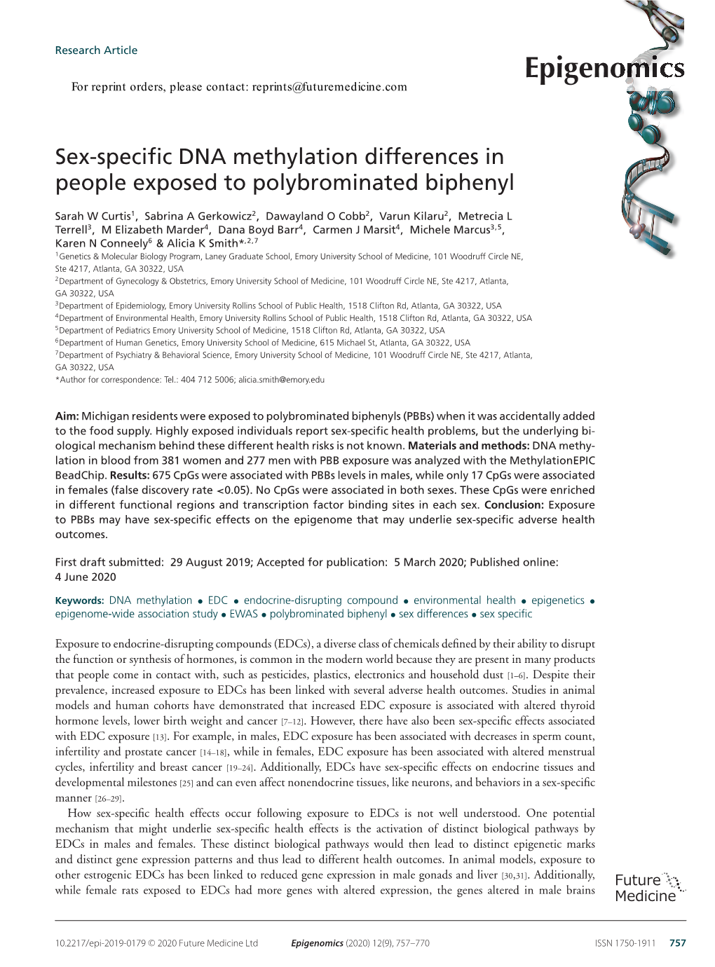 Sex-Specific DNA Methylation Differences in People Exposed to Polybrominated Biphenyl