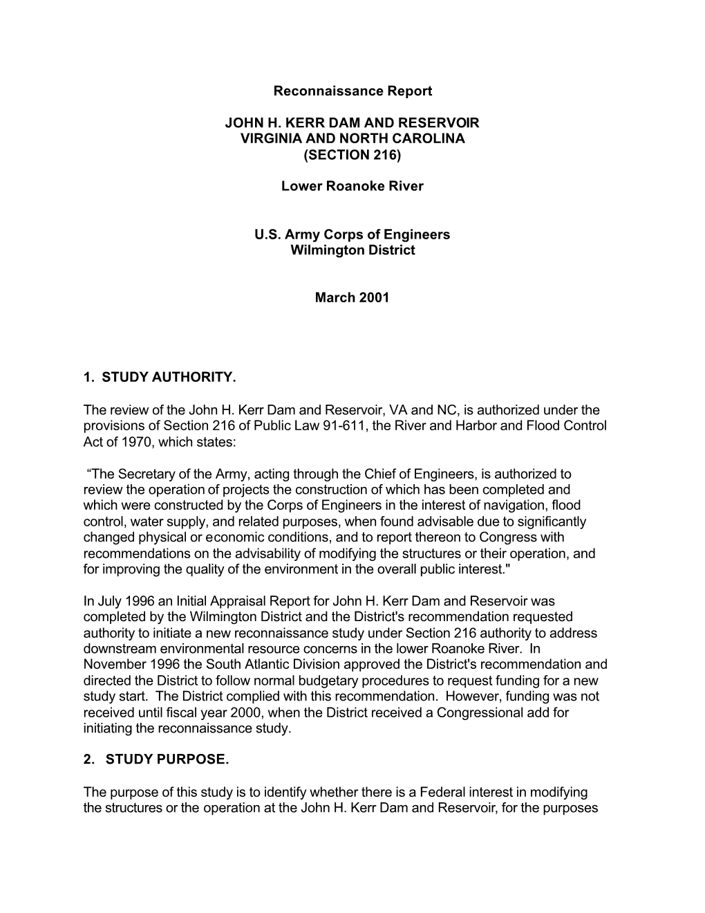 Reconnaissance Report John H. Kerr Dam and Reservoir Virginia and North Carolina - Island Creek Pumping Station (Section 216)