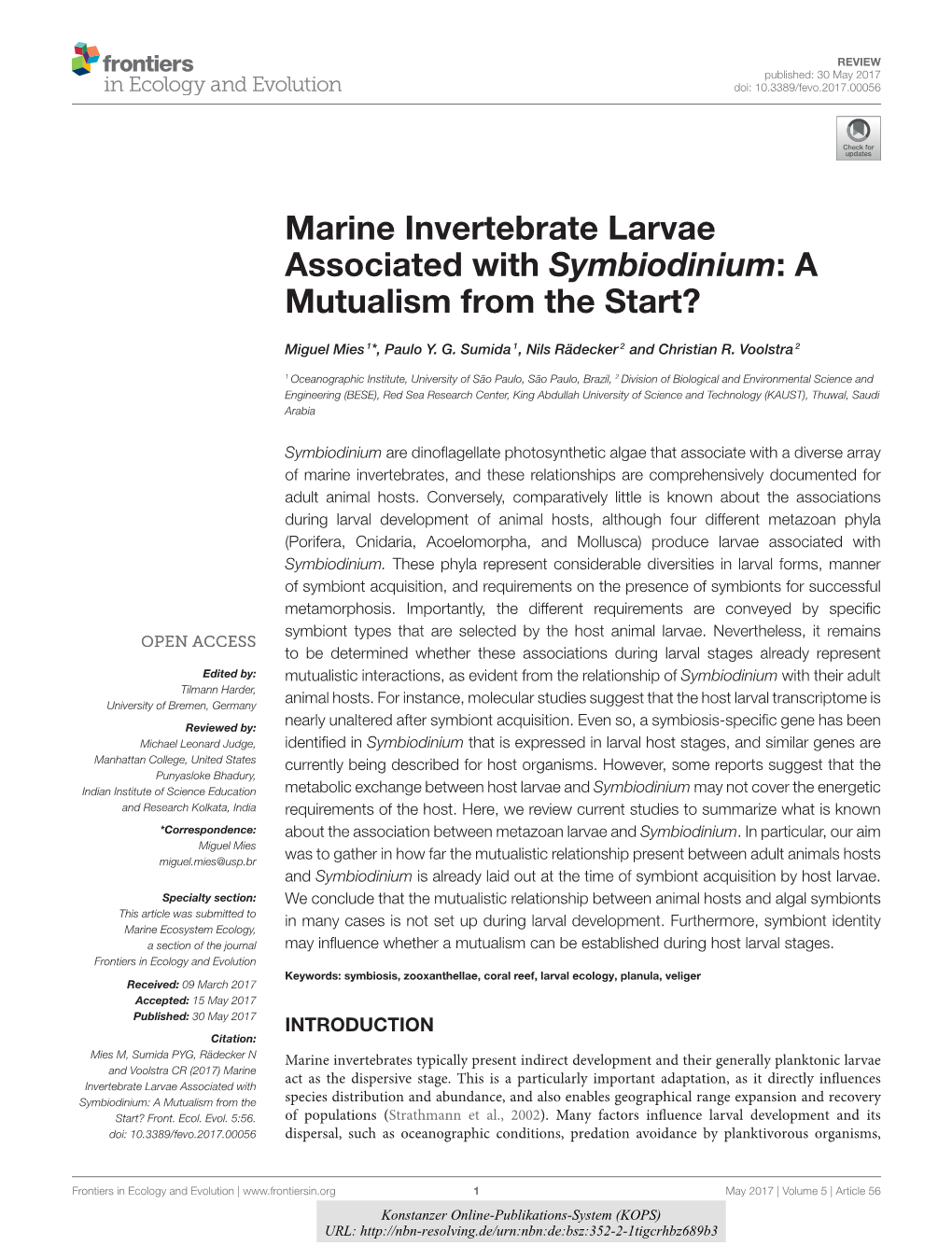 Marine Invertebrate Larvae Associated with Symbiodinium: a Mutualism from the Start?