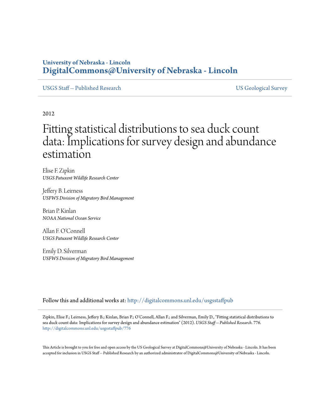 Fitting Statistical Distributions to Sea Duck Count Data: Implications for Survey Design and Abundance Estimation Elise F