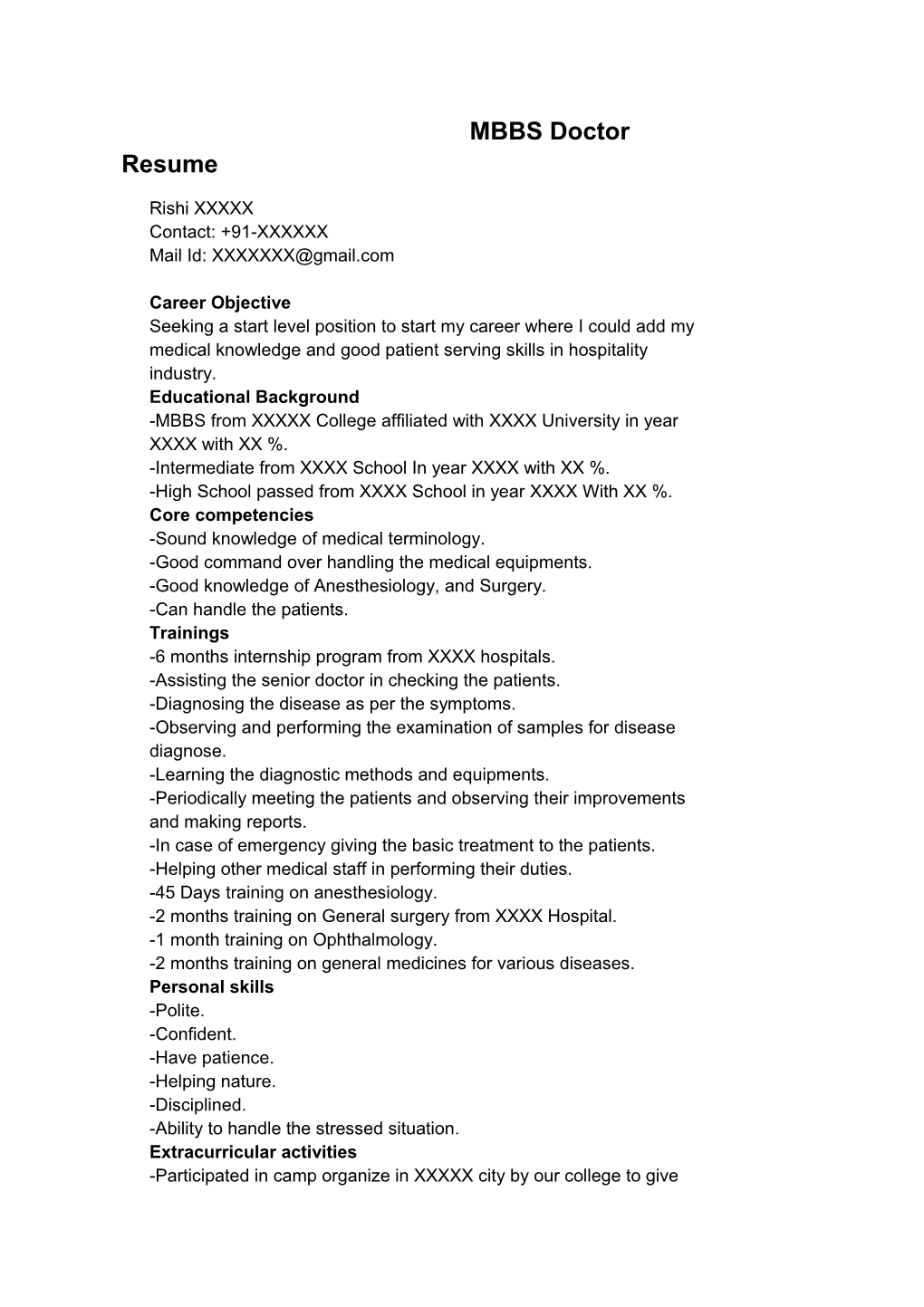 MBBS Doctor Resume