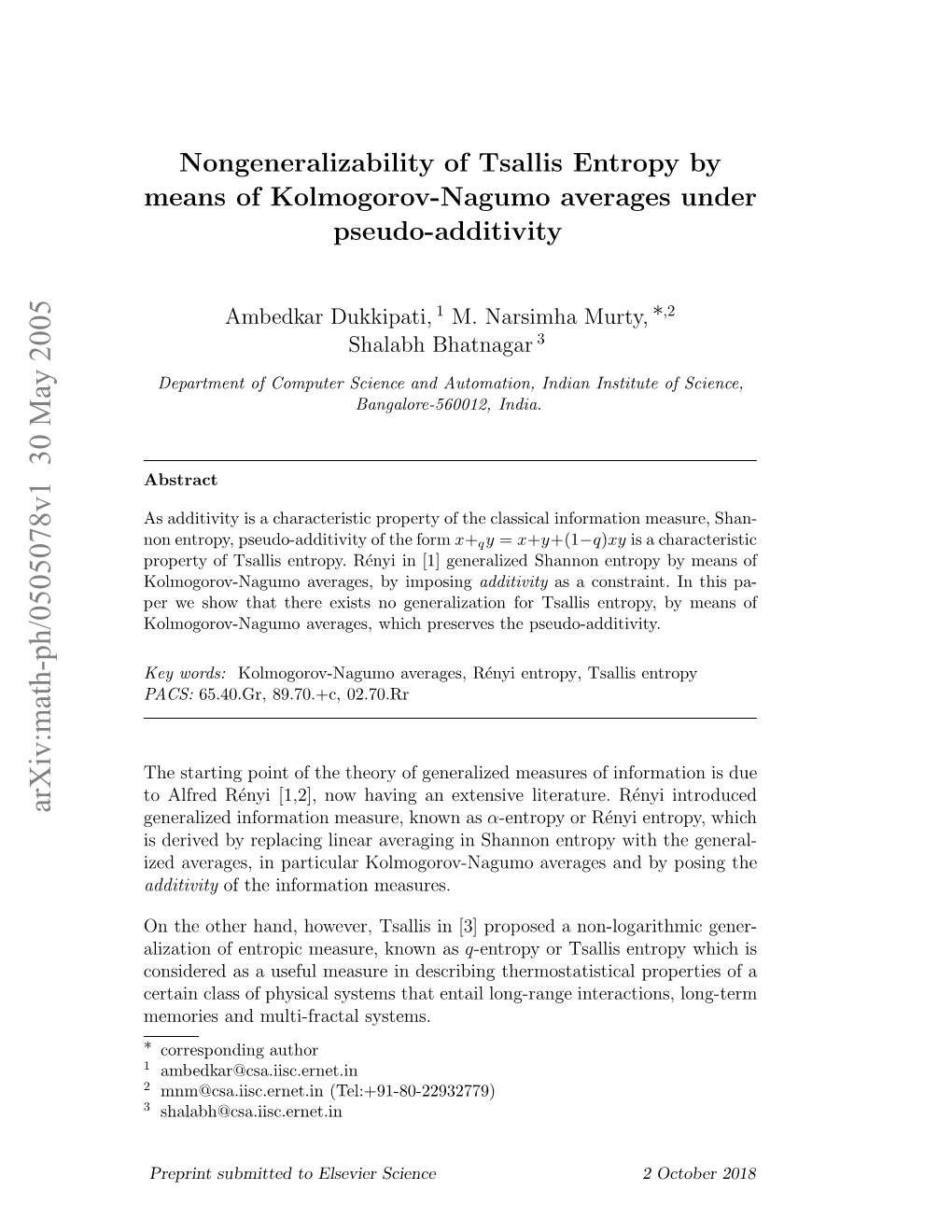 Nongeneralizability of Tsallis Entropy by Means of Kolmogorov-Nagumo