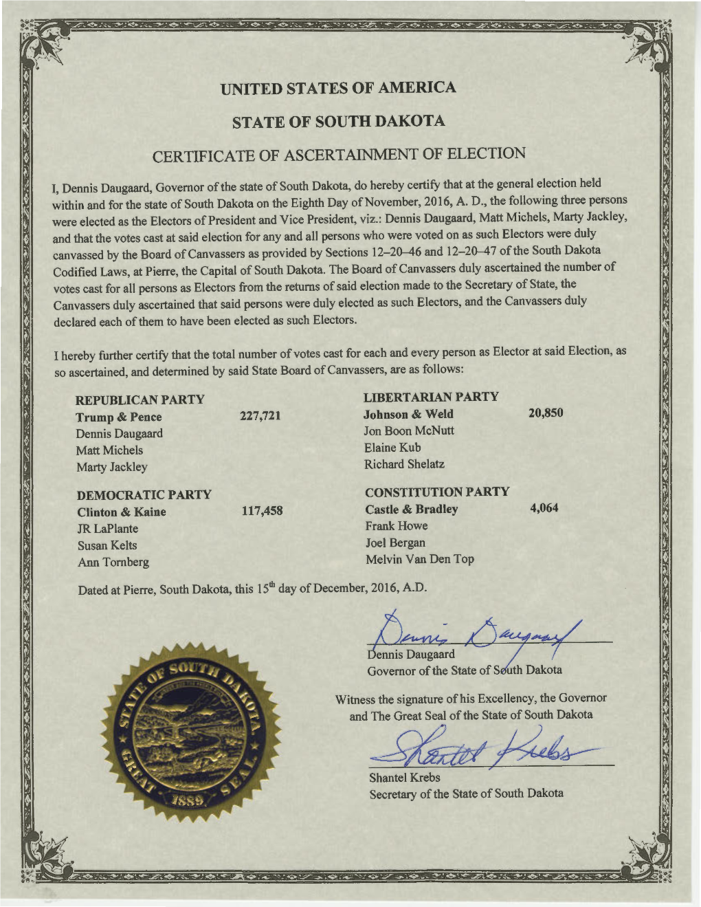 South Dakota Certificate of Ascertainment 2016
