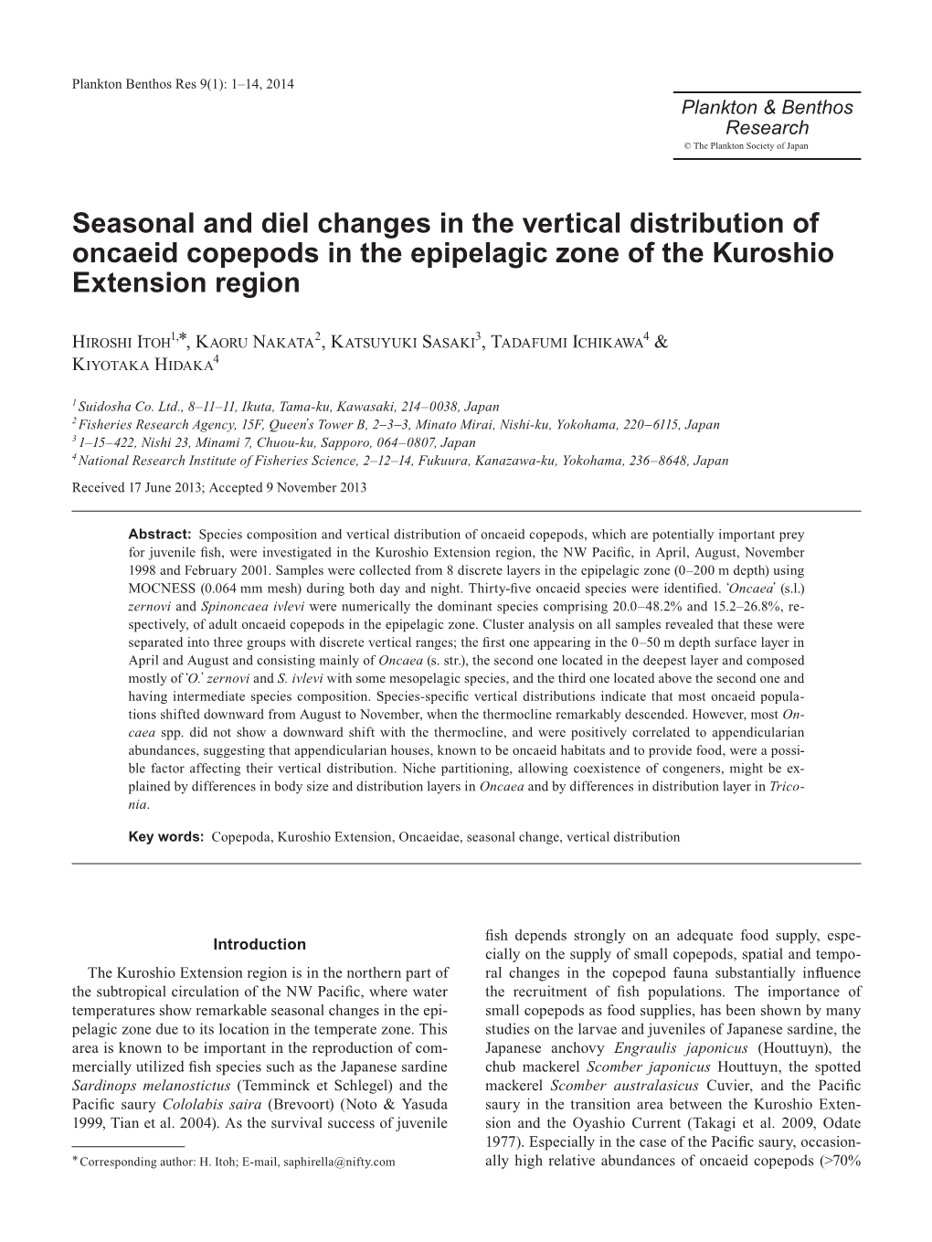Seasonal and Diel Changes in the Vertical Distribution of Oncaeid Copepods in the Epipelagic Zone of the Kuroshio Extension Region