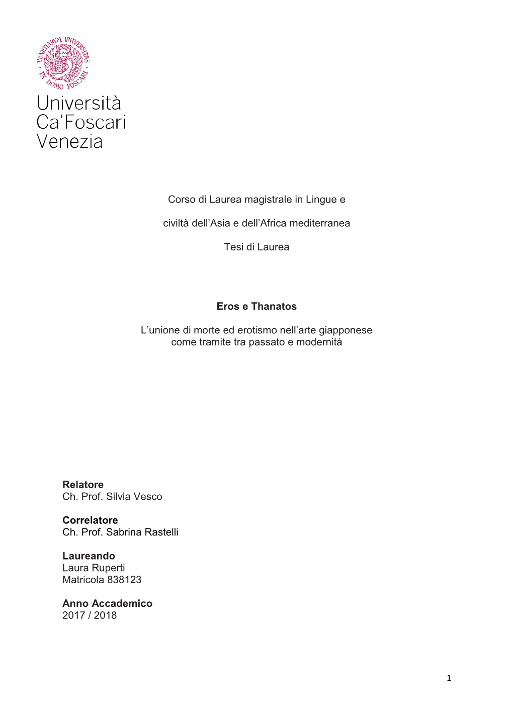 Corso Di Laurea Magistrale in Lingue E Civiltà Dell'asia E Dell'africa