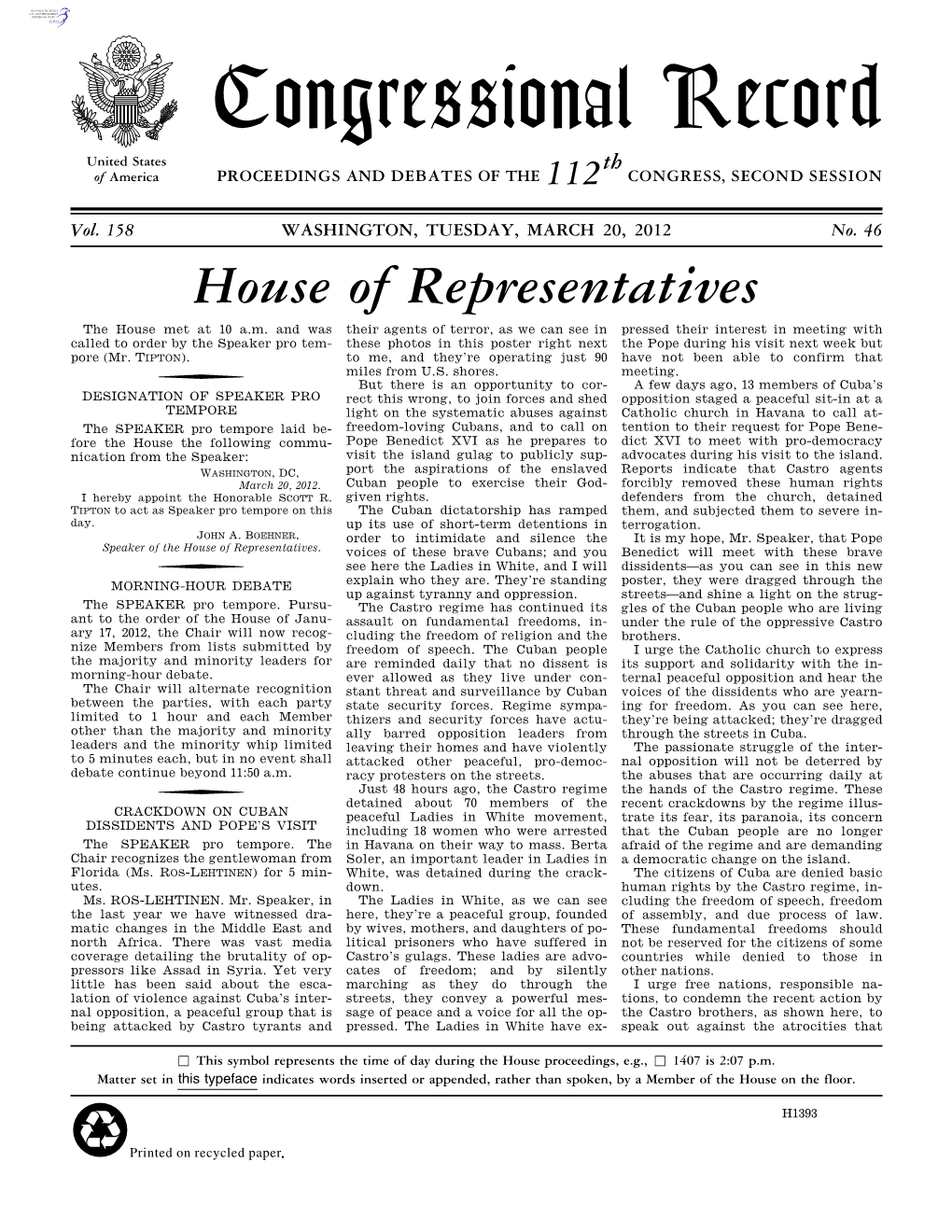 Congressional Record United States Th of America PROCEEDINGS and DEBATES of the 112 CONGRESS, SECOND SESSION