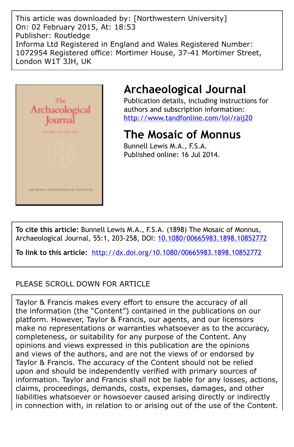 Archaeological Journal the Mosaic of Monnus