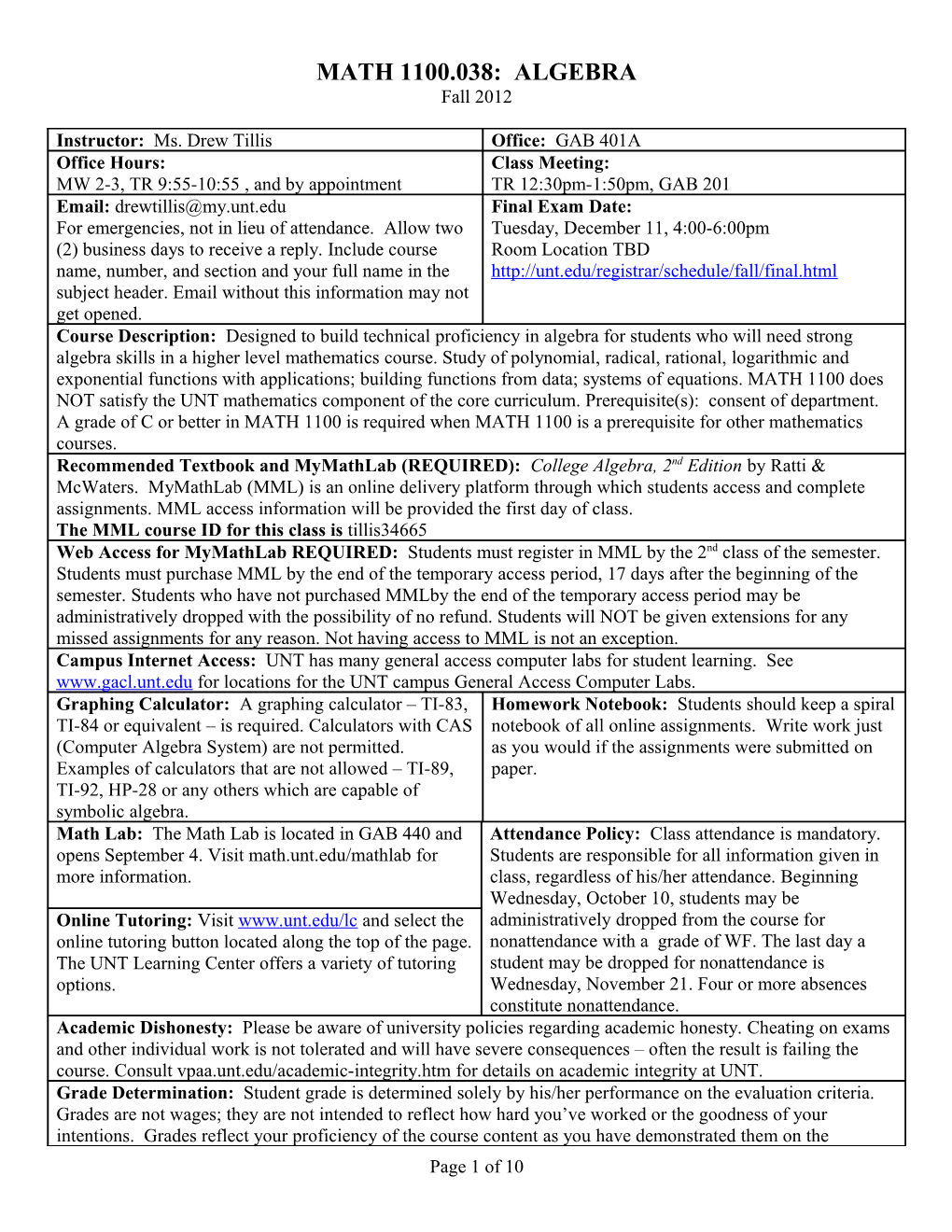 Summary of Key Dates for Fall 2012