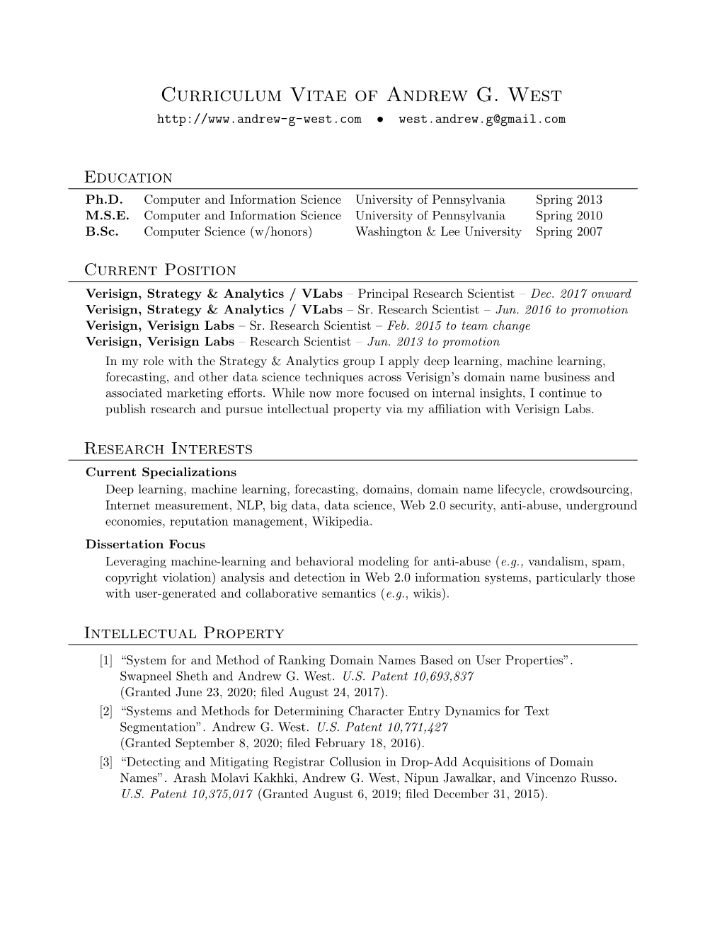 Curriculum Vitae of Andrew G. West • West.Andrew.G@Gmail.Com