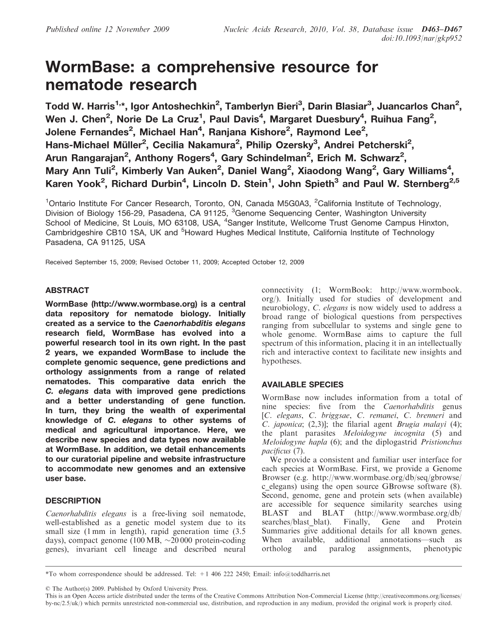 Wormbase: a Comprehensive Resource for Nematode Research Todd W