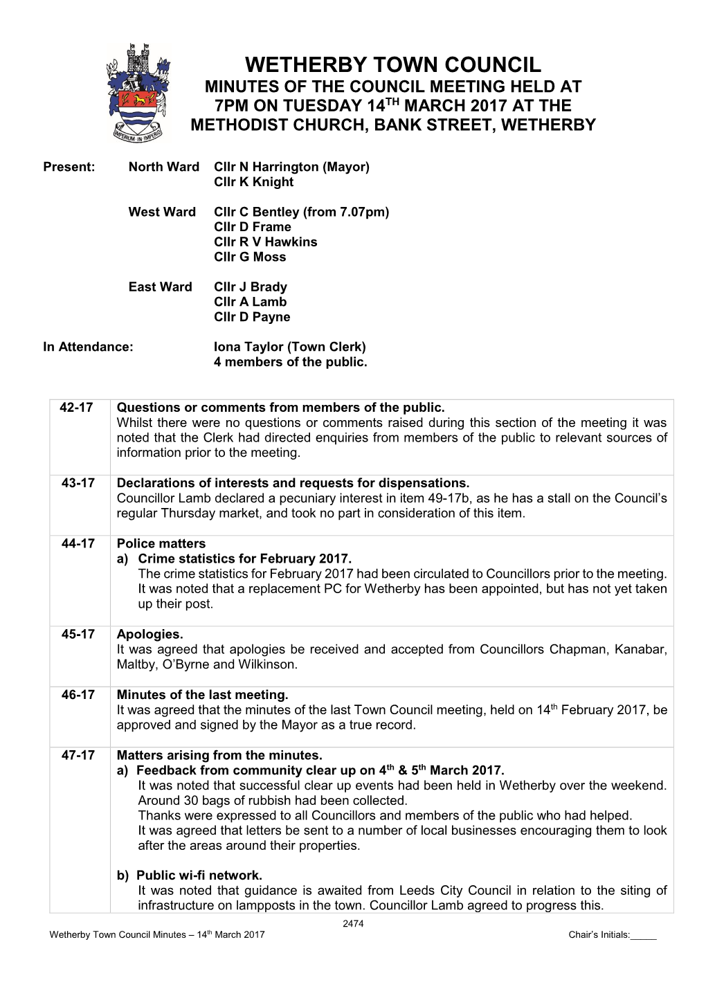 Wetherby Town Council Minutes of the Council Meeting Held at 7Pm on Tuesday 14Th March 2017 at the Methodist Church, Bank Street, Wetherby