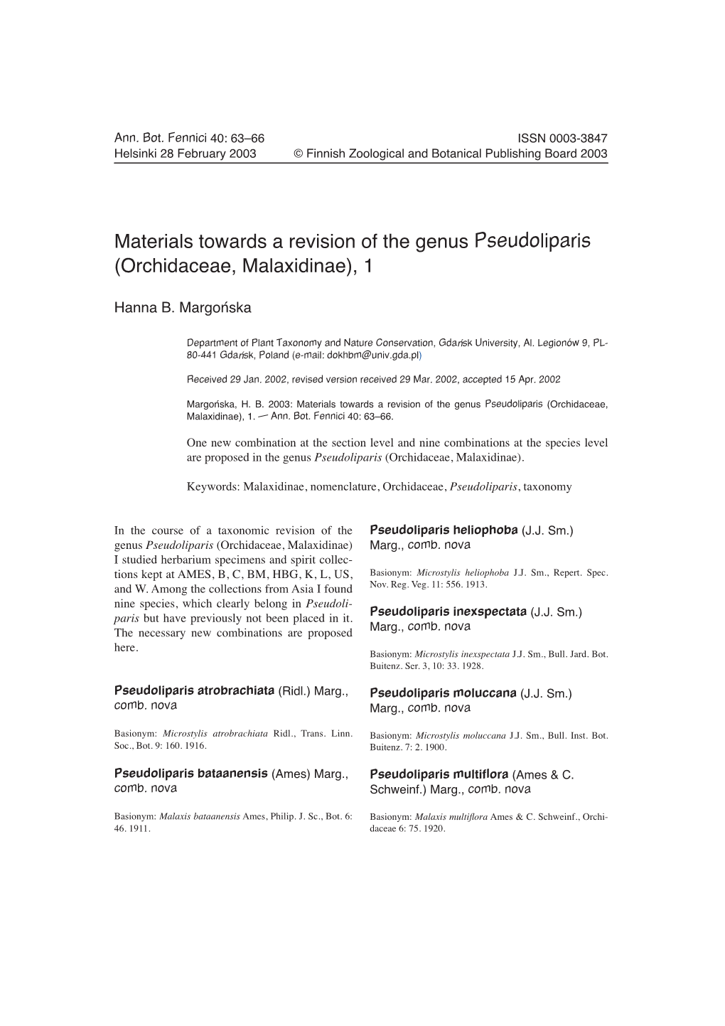 Materials Towards a Revision of the Genus Pseudoliparis (Orchidaceae, Malaxidinae), 1