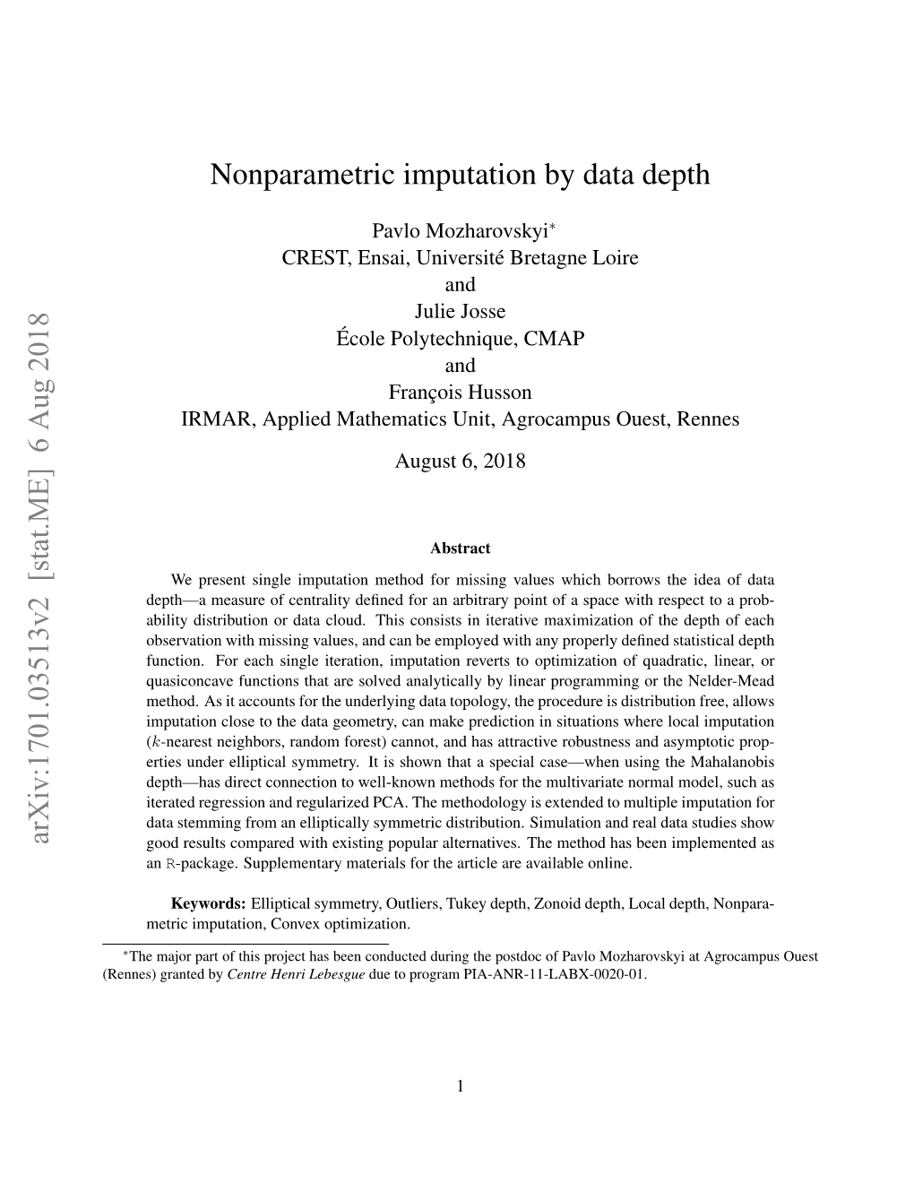 Nonparametric Imputation by Data Depth Arxiv:1701.03513V2 [Stat.ME