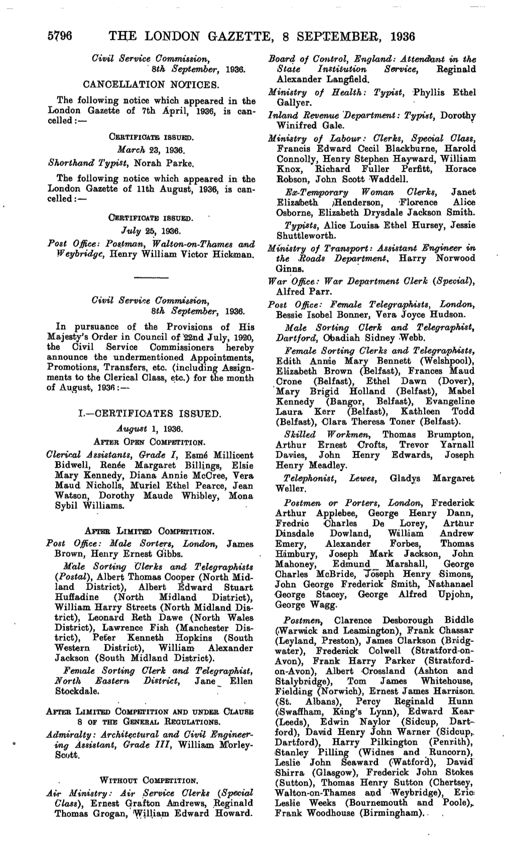 5796 the London Gazette, 8 September, 1936