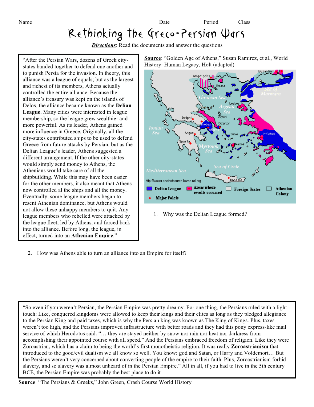 Rethinking the Greco-Persian Wars Directions: Read the Documents and Answer the Questions