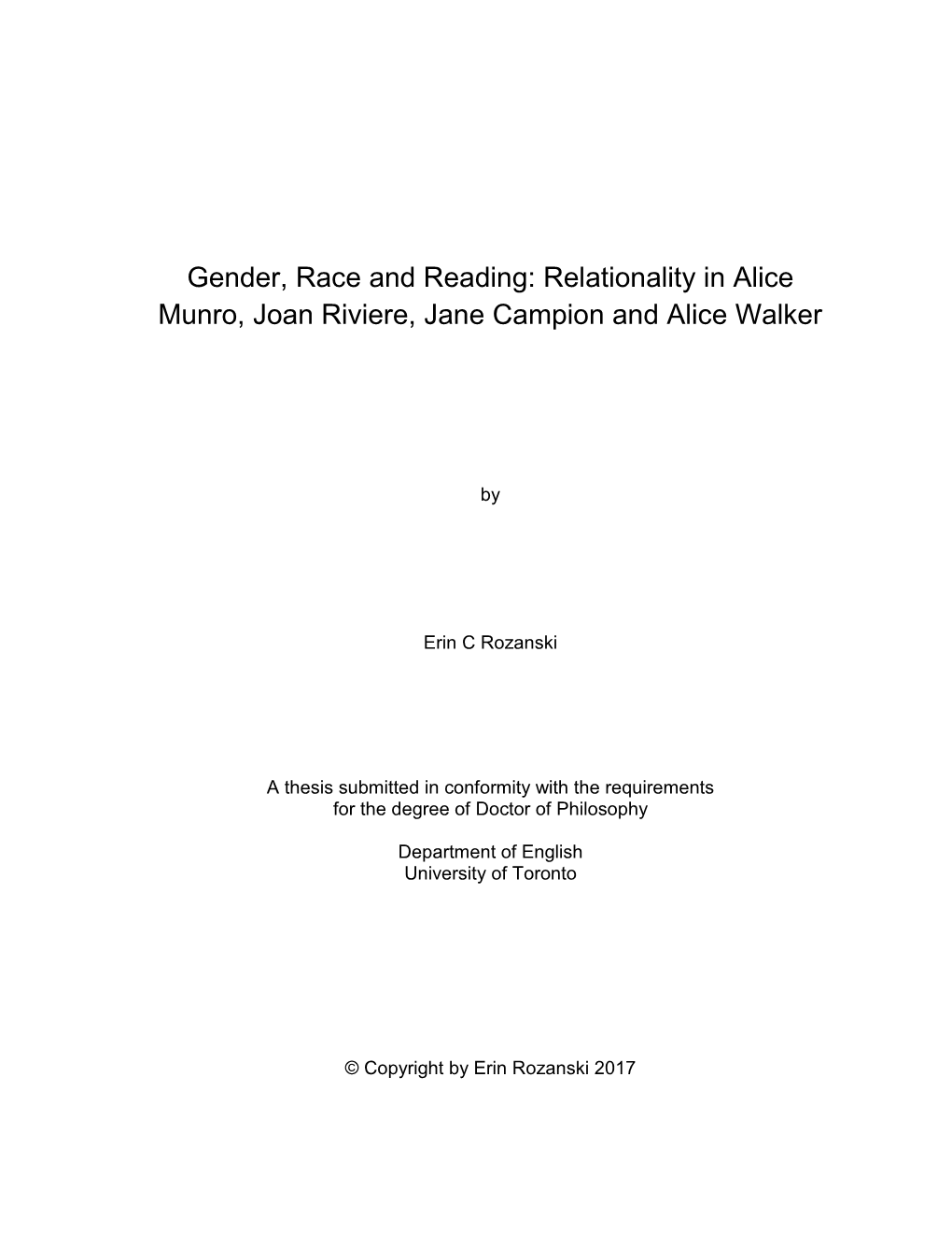 Relationality in Alice Munro, Joan Riviere, Jane Campion and Alice Walker