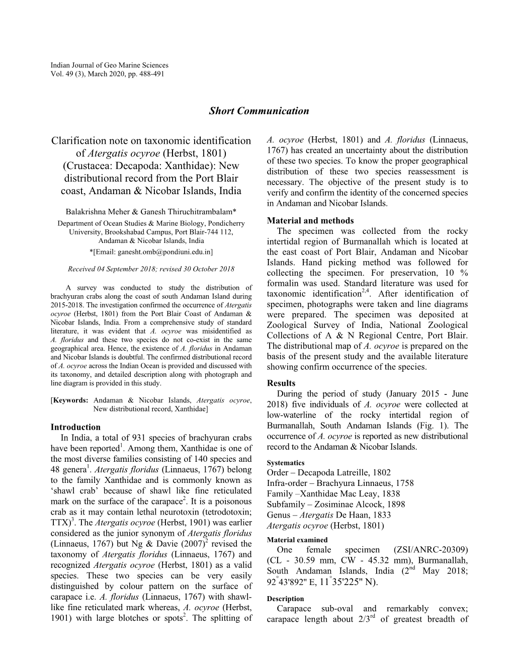 Short Communication Clarification Note on Taxonomic