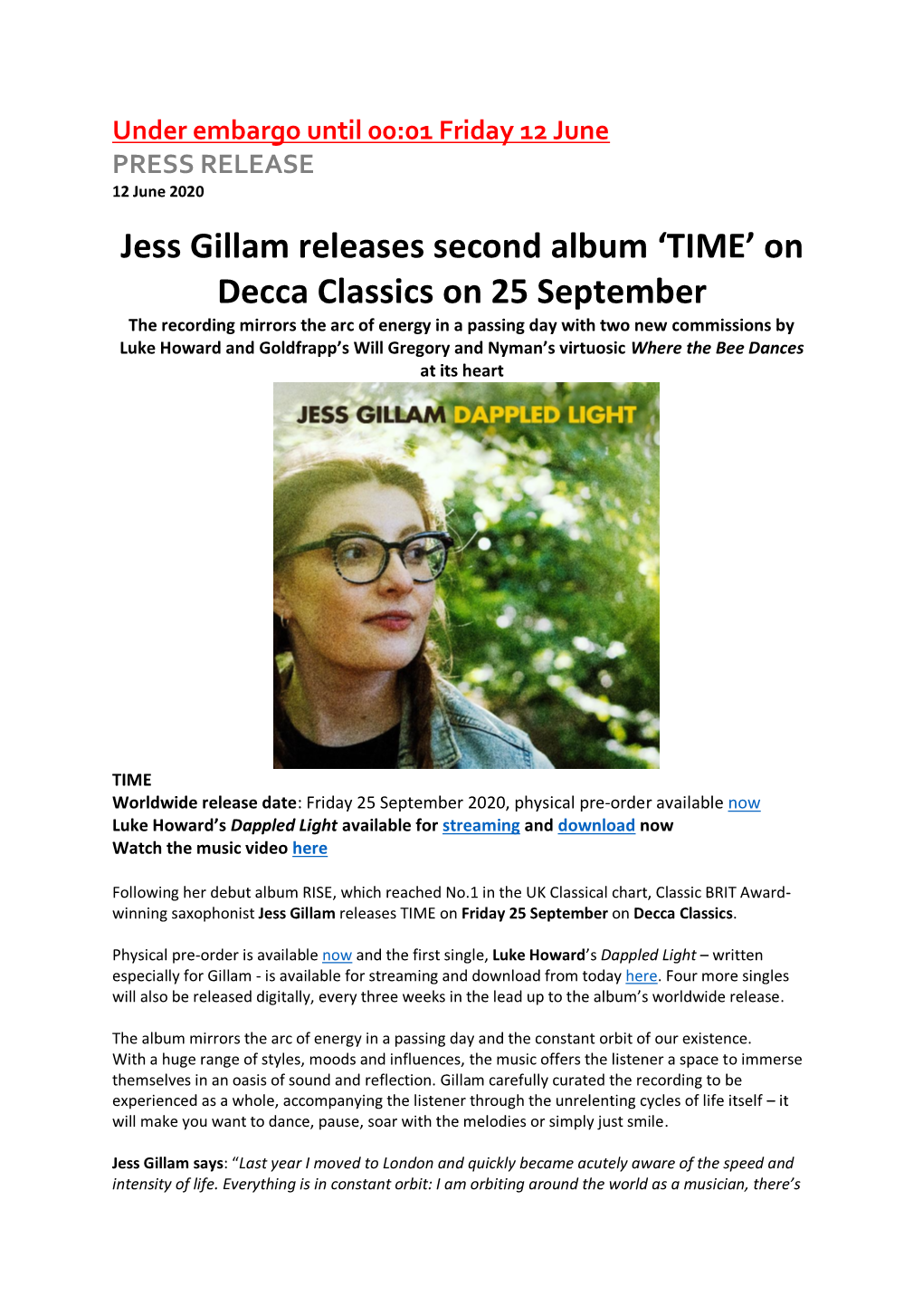 Jess Gillam Releases Second Album 'TIME' on Decca Classics on 25