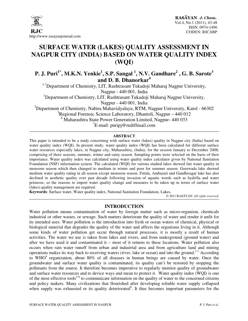 Surface Water (Lakes) Quality Assessment in Nagpur City (India) Based on Water Quality Index (Wqi)