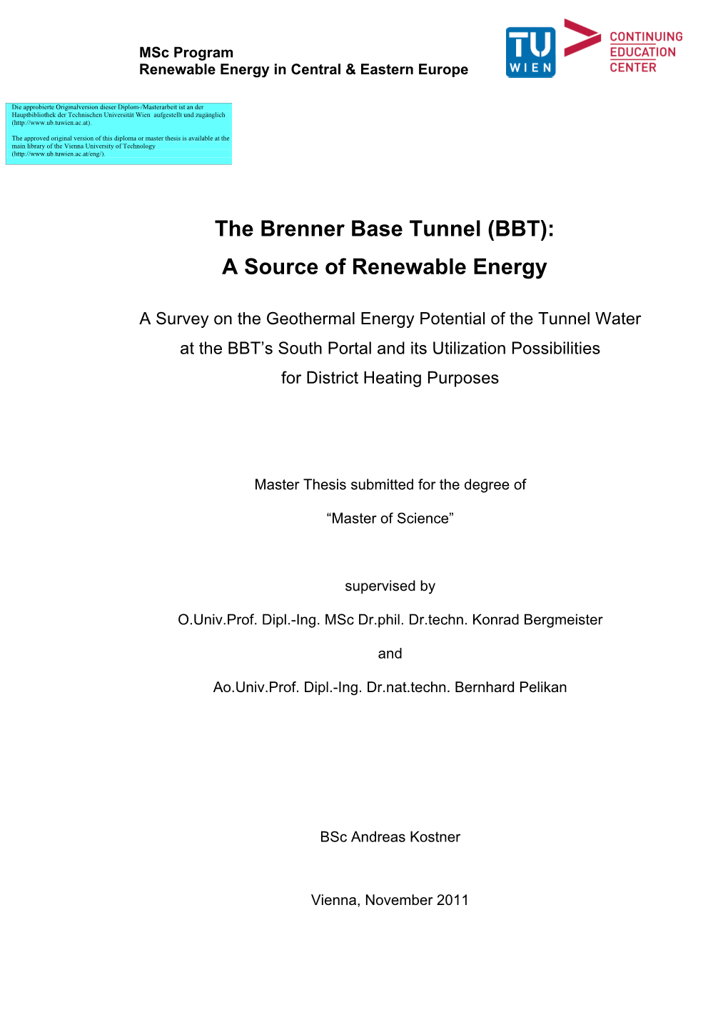 The Brenner Base Tunnel (BBT): a Source of Renewable Energy