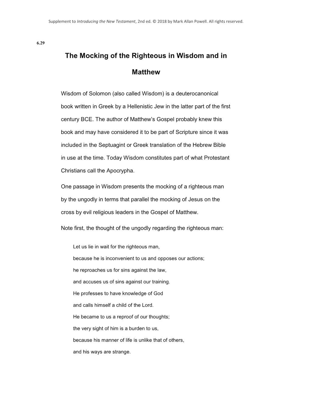 6.29. the Mocking of the Righteous in Wisdom and in Matthew Download