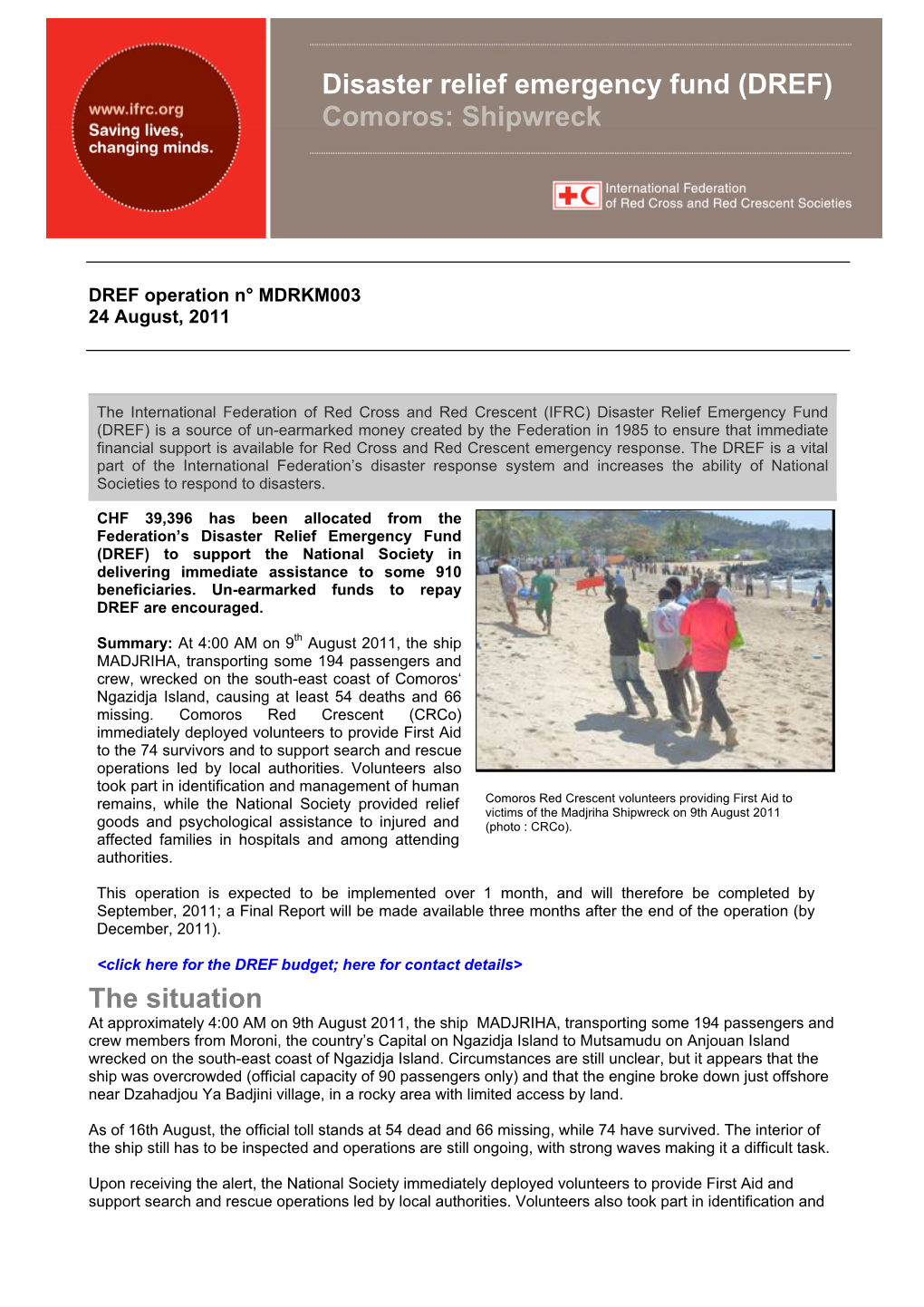 Disaster Relief Emergency Fund (DREF) Comoros: Shipwreck