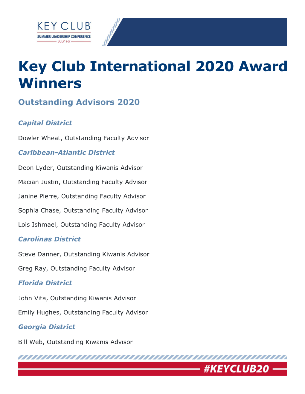 Key Club International 2020 Award Winners Outstanding Advisors 2020