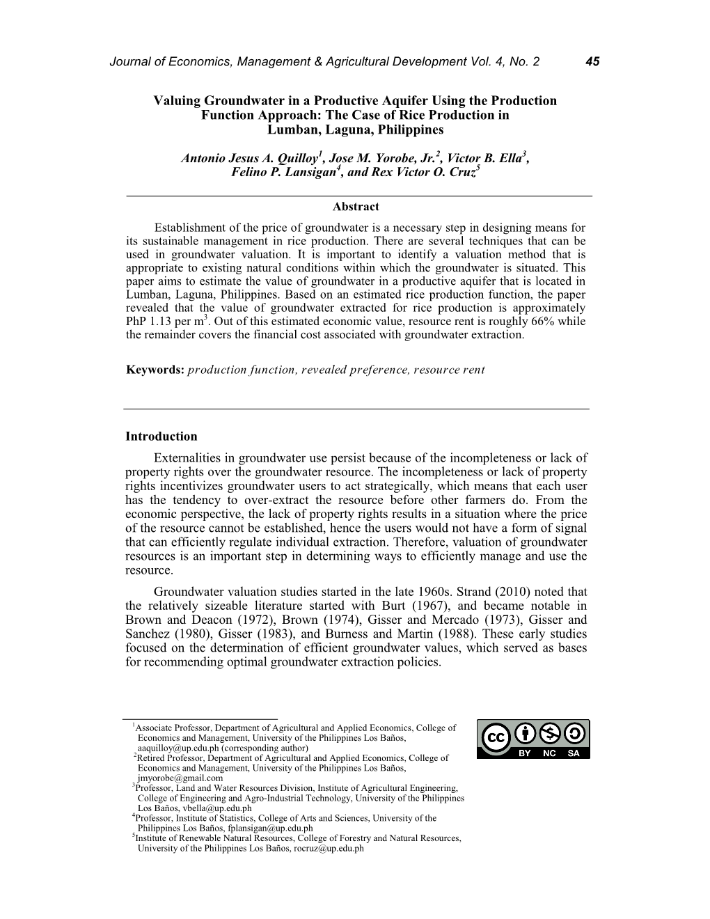 Valuing Groundwater in a Productive Aquifer Using the Production Function Approach: the Case of Rice Production in Lumban, Laguna, Philippines