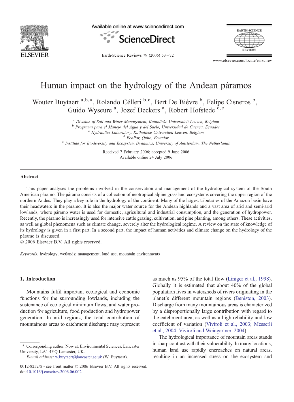 Human Impact on the Hydrology of the Andean Páramos