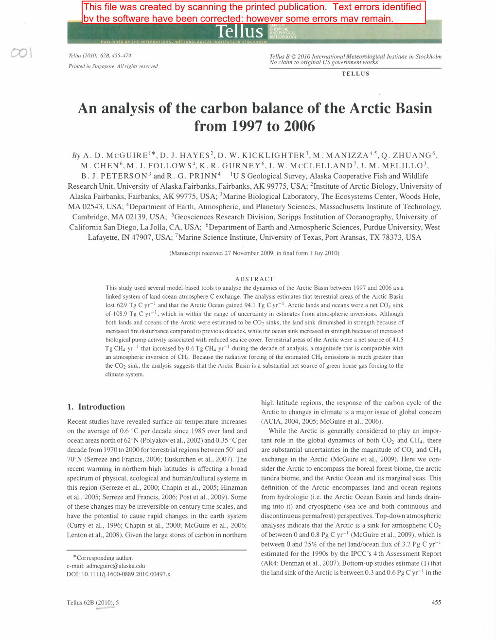 Col E U S an Analysis of the Carbon Balance of the Arctic Basin From