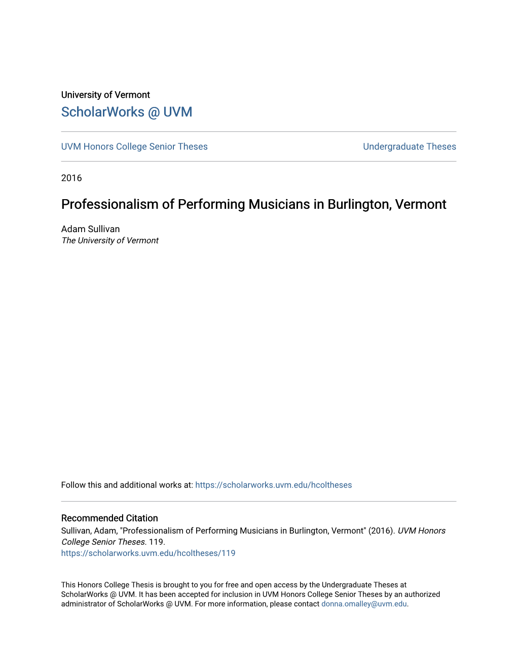 Professionalism of Performing Musicians in Burlington, Vermont