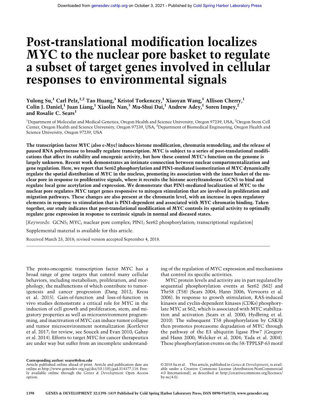 Post-Translational Modification Localizes MYC to the Nuclear Pore Basket to Regulate a Subset of Target Genes Involved in Cellular Responses to Environmental Signals