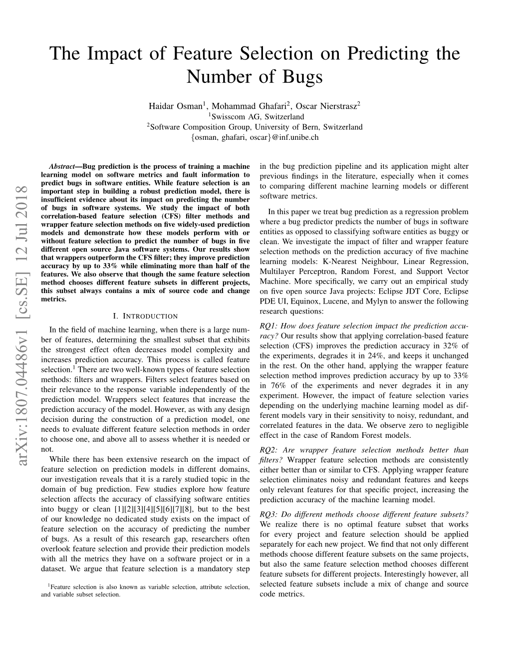 The Impact of Feature Selection on Predicting the Number of Bugs