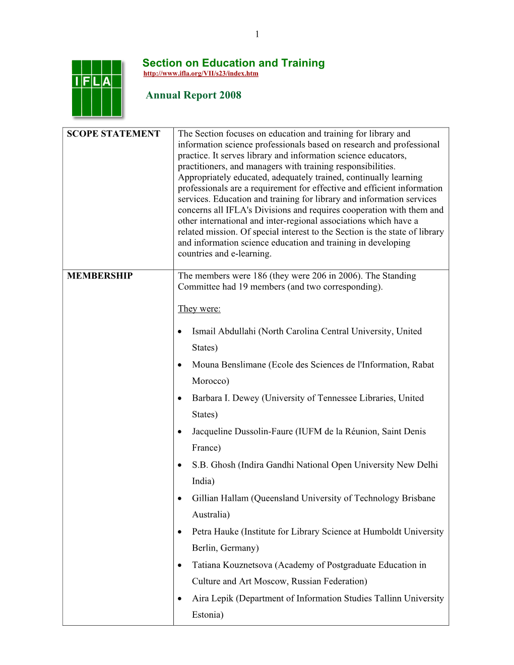 Section on Education and Training Annual Report 2008