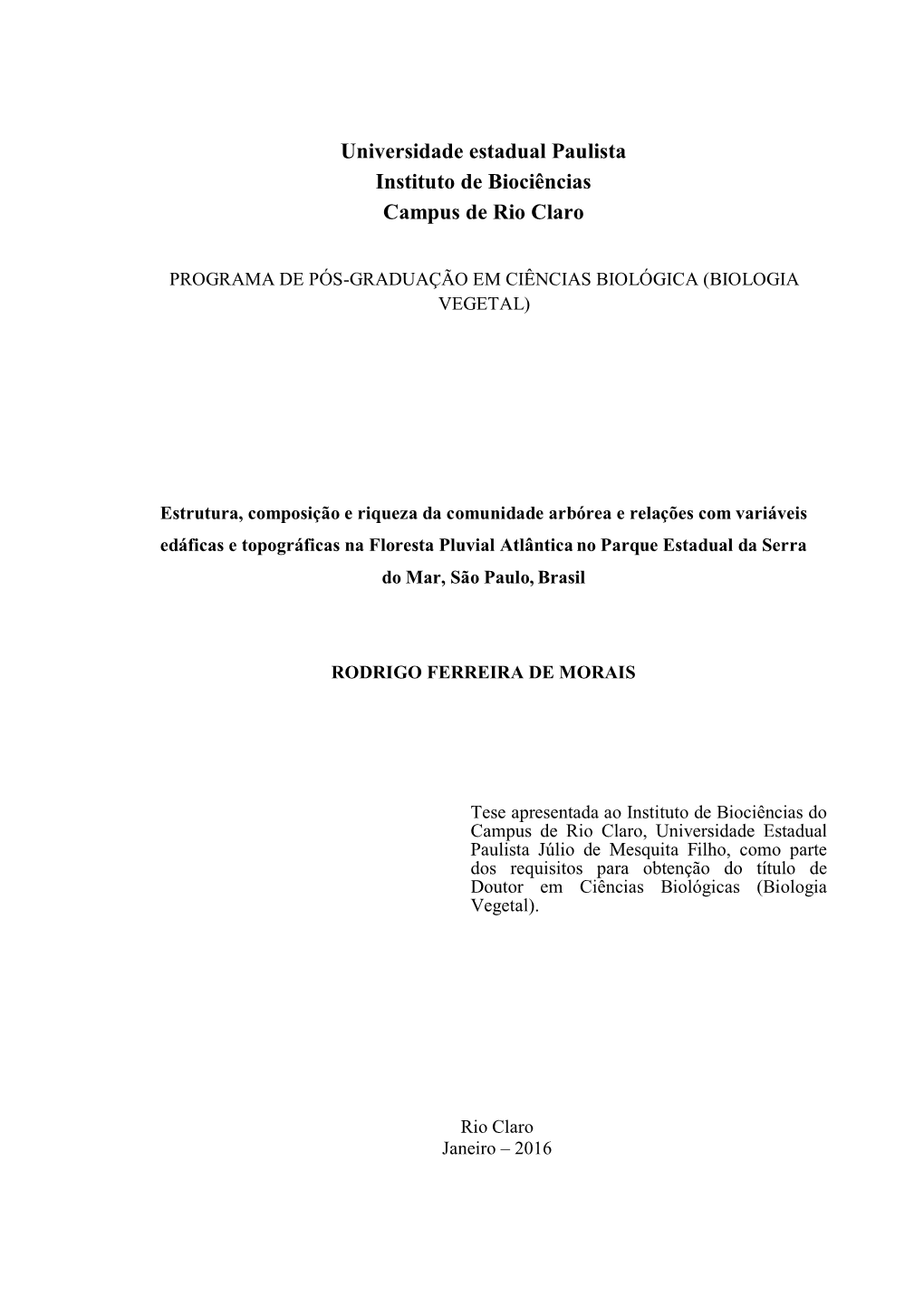 Universidade Estadual Paulista Instituto De Biociências Campus De Rio Claro