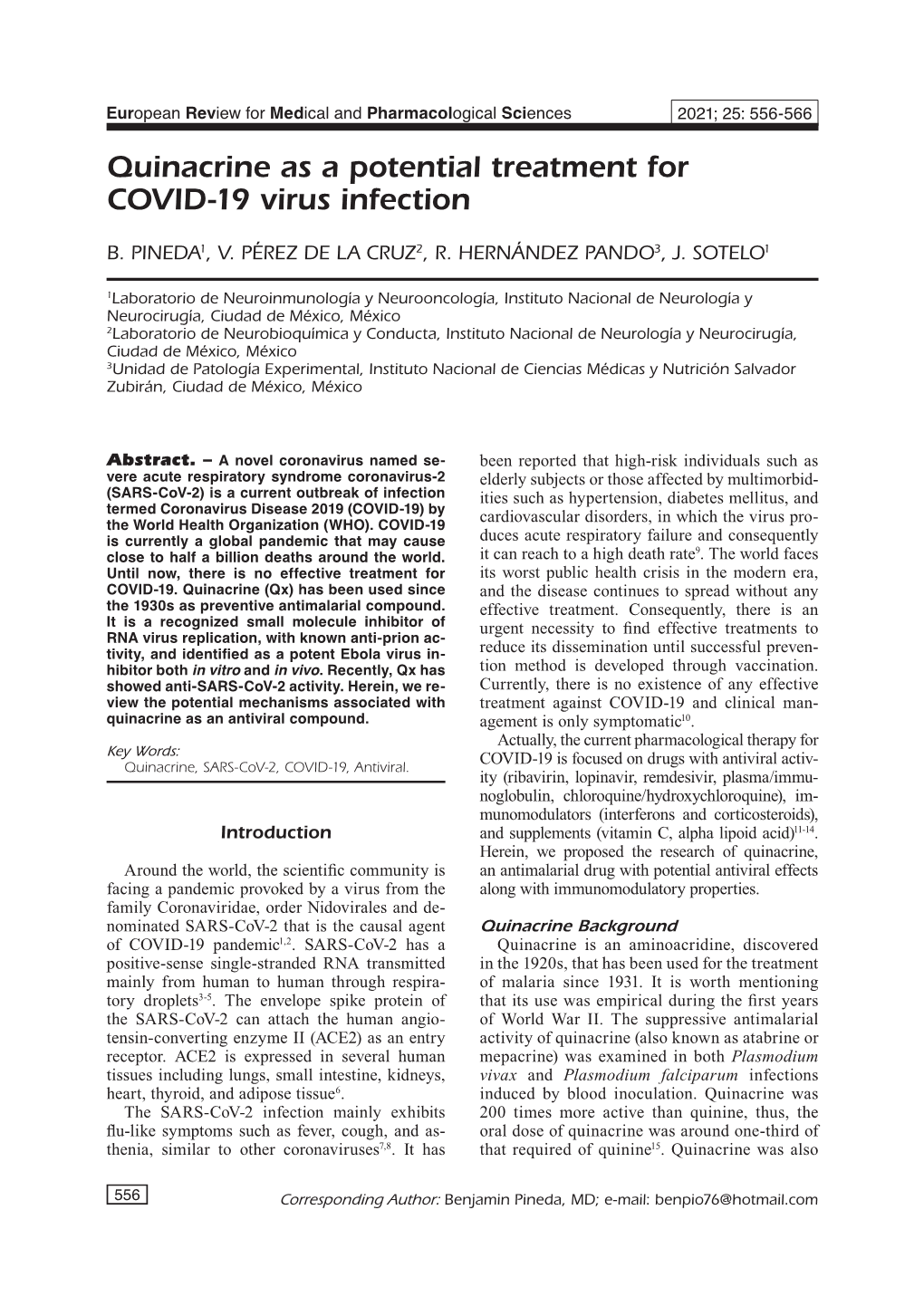 Quinacrine As a Potential Treatment for COVID-19 Virus Infection
